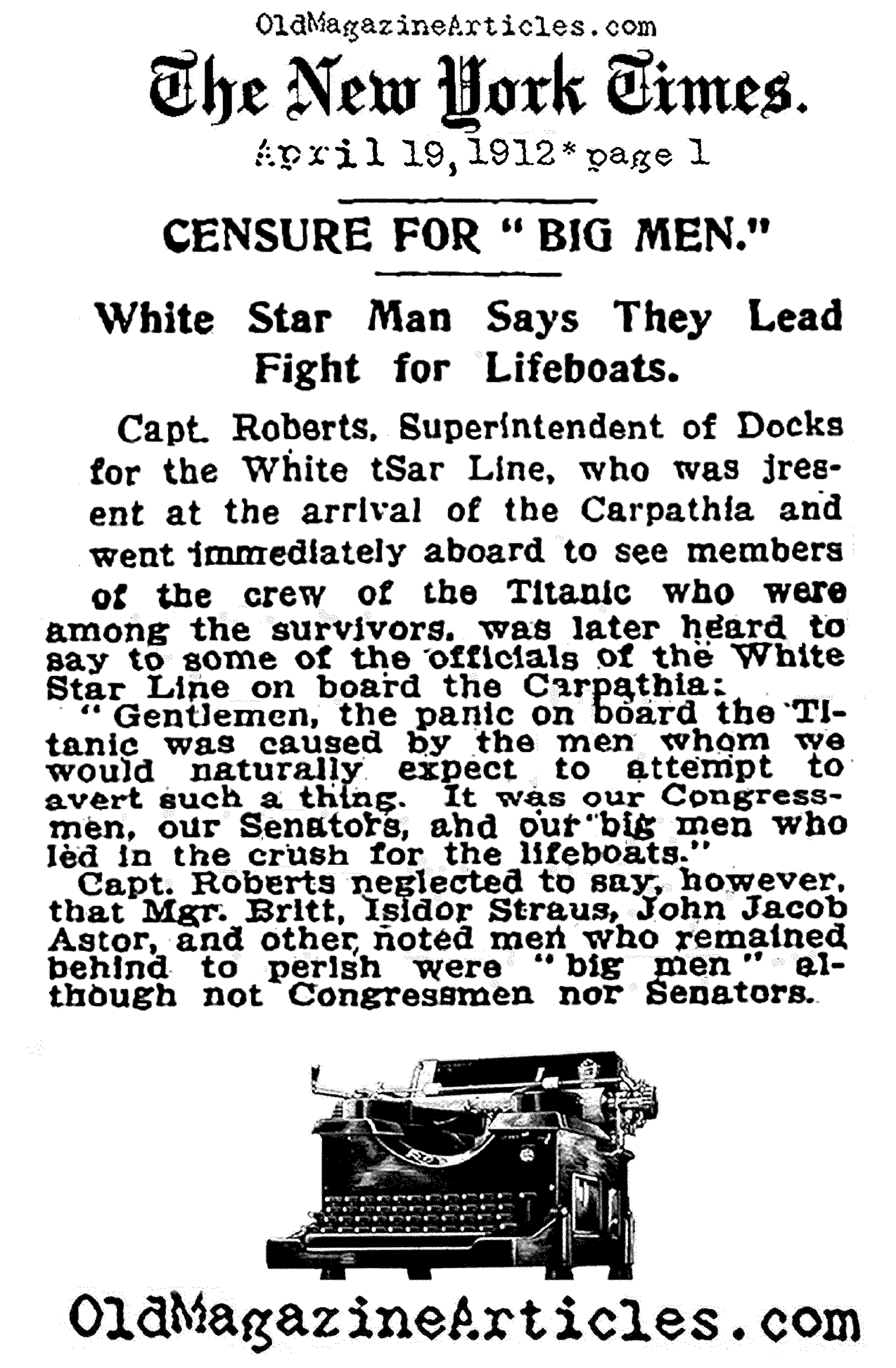 Cowardly Behavior on TITANIC (New York Times, 1912)